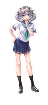 1girl amakano_2 black_shoes black_socks blue_eyes blue_sailor_collar blue_skirt blush breasts closed_mouth full_body green_neckerchief grey_hair grin hair_between_eyes hand_on_own_chin hand_on_own_hip hand_up jigokudani_sara large_breasts loafers looking_at_viewer medium_hair mole mole_under_eye neckerchief necktie official_art piromizu pleated_skirt sailor_collar school_uniform serafuku shirt shoes short_sleeves short_twintails simple_background skirt smile socks solo standing tachi-e transparent_background twintails white_shirt