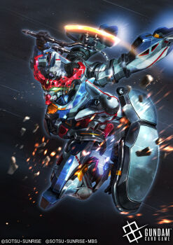 battle commentary_request copyright_notice debris english_text glowing glowing_eyes glowing_hot gquuuuuux gundam gundam_card_game gundam_gquuuuuux heat_hawk hukutuuprunes logo mecha mecha_focus mobile_suit motion_blur nebula no_humans official_art realistic robot science_fiction shield space sparks star_(sky) sunrise_(company) thrusters title v-fin zeon zero_gravity