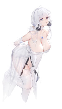 1girl absurdres ahoge arm_behind_back azur_lane bare_shoulders between_legs blue_eyes breasts choker cleavage closed_mouth dress elbow_gloves garter_straps gloves hair_ribbon hand_between_legs highres huge_breasts illustrious_(azur_lane) jewelry leaning_forward long_hair mole mole_under_eye necklace ribbon see-through_clothes see-through_dress simple_background smile solo strapless strapless_dress swd3e2 thighhighs tress_ribbon tri_tails white_background white_choker white_dress white_garter_straps white_gloves white_hair white_thighhighs