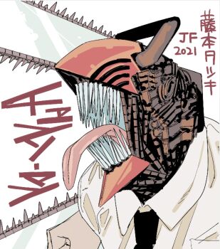 Rule 34 | black necktie, business suit, chainsaw, chainsaw man, collared shirt, denji (chainsaw man), formal clothes, fujimoto tatsuki, highres, necktie, sharp teeth, shirt, shirt tucked in, suit, teeth, white shirt