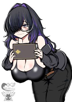 1girl bent_over black_hair black_pants black_sweater black_tank_top blush book breasts cleavage closed_mouth commentary_request glasses goddess_of_victory:_nikke guero_nuko hair_intakes highres holding holding_book huge_breasts label_(nikke) long_hair multicolored_hair pants purple_eyes purple_hair simple_background solo sweater tank_top two-tone_hair very_long_hair white_background