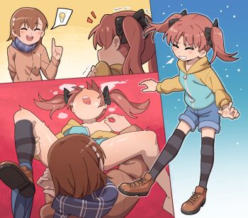 2girls black_bow blue_background blue_shorts blush blush_stickers bow brown_footwear closed_eyes cold comic cunnilingus female_focus full_body gradient_background hair_bow highres hood hooded_jacket jacket light_bulb loli misaka_mikoto multiple_girls nipple_stimulation nipple_tweak open_mouth oral out_of_character red_background scarf shirai_kuroko shirai_kuroko_(young) shoes shorts silent_comic sleepy_frippy snowing socks spoken_light_bulb spread_legs striped_clothes striped_thighhighs sweat thighhighs toaru_kagaku_no_railgun toaru_majutsu_no_index trembling twintails winter_clothes yellow_background yuri