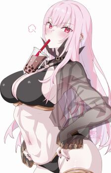 1girl absurdres bikini black_bikini blunt_bangs breasts bubble_tea bubble_tea_challenge cleavage commentary cup disposable_cup drinking drinking_straw drinking_straw_in_mouth gold_trim highres hololive hololive_english kamiya_maneki large_breasts long_hair looking_at_viewer mori_calliope mori_calliope_(holonatsu_paradise) navel o-ring o-ring_bikini object_on_breast official_alternate_costume pink_eyes pink_hair see-through_clothes sidelocks simple_background solo straight_hair swimsuit swimsuit_cover-up symbol-only_commentary very_long_hair virtual_youtuber white_background