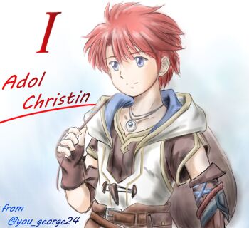 Rule 34 | 1boy, adol christin, armor, belt, blue eyes, brown gloves, buckler, commentary request, countdown, curtained hair, gloves, jewelry, necklace, pendant, red hair, shell, shell necklace, shield, simple background, weapon, you george24, ys, ys x: nordics