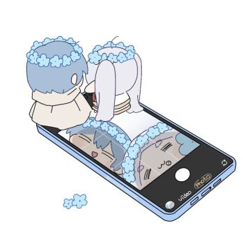 1boy 1girl :3 =_= blue_flower blue_hair blush cellphone cellphone_photo chibi chibi_only elf figures_taking_selfie_(meme) flower frieren grey_hair grid head_wreath himmel_(sousou_no_frieren) meme mole mole_under_eye phone pointy_ears smartphone smile sousou_no_frieren twintails yunayuispink