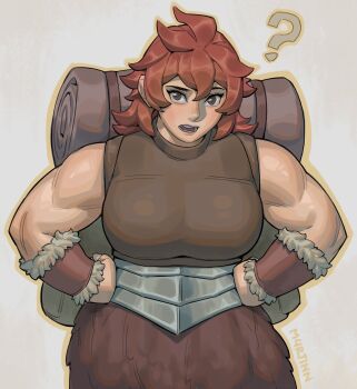 1girl ? arm_guards armor artist_name backpack bag bare_shoulders breasts brown_shirt commentary cowboy_shot dungeon_meshi dwarf english_commentary fur_trim grey_eyes hair_between_eyes hands_on_own_hips highres large_breasts looking_at_viewer m4rjinn medium_hair muscular muscular_female namari_(dungeon_meshi) open_mouth pelt plate_armor red_hair shirt simple_background sleeveless sleeveless_shirt solo tight_clothes tight_shirt white_background