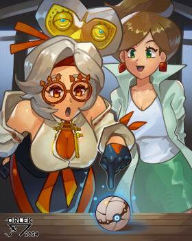 2024 2girls absurdres professor_juniper breasts brown_hair crossover earrings glasses gloves goggles goggles_on_head green_eyes headband highres jewelry lab_coat large_breasts multiple_girls nintendo open_mouth orlek pointing poke_ball pokemon pokemon_bw purah red_eyes smile table the_legend_of_zelda the_legend_of_zelda:_tears_of_the_kingdom white_hair