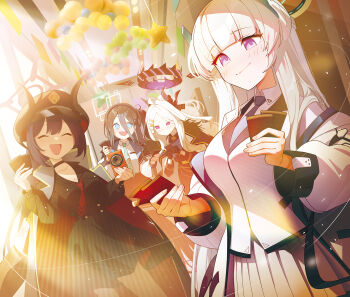 4girls ahoge aris_(blue_archive) black_coat black_hair black_halo black_hat blue_archive blue_eyes camera chiaki_(blue_archive) coat coat_on_shoulders demon_girl demon_horns halo hat highres hina_(blue_archive) holding holding_camera horns indoors long_hair multiple_girls nasan_(coldtime) noa_(blue_archive) open_mouth purple_eyes standing very_long_hair white_hair