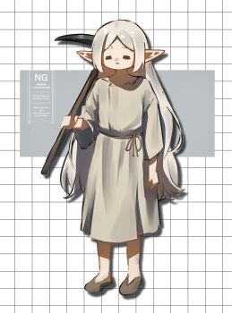 Rule 34 | 1girl, :3, = =, arc pic, arm at side, brown shoes, closed eyes, commentary request, dress, elf, frieren, full body, grey dress, grey hair, grid background, hair down, highres, holding, holding pickaxe, long hair, long pointy ears, parted bangs, pickaxe, pointy ears, rope belt, shoes, short eyebrows, sidelocks, solo, sousou no frieren, standing, thick eyebrows, twitter username, very long hair