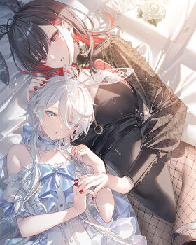 2girls animal_ear_hairband animal_ears bare_shoulders black_hair black_leotard black_pantyhose blue_eyes breasts censored commentary_request cropped earrings fake_animal_ears fiona_cassandra fishnet_pantyhose fishnets flower hair_over_one_eye hairband indoors interlocked_fingers jewelry large_breasts leotard long_hair long_sleeves looking_at_viewer lying mole mole_under_eye multiple_girls novel_illustration novelty_censor official_art pantyhose parted_lips playboy_bunny rabbit_ears red_eyes red_hair red_nails short_sleeves sou_homura_no_kenshi_to_fushi_no_majo toosaka_asagi tsukimiya_kaoru white_flower white_hair