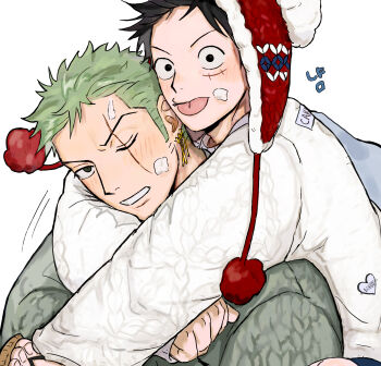 Rule 34 | 2boys, :p, alternate costume, arms around neck, black hair, cable knit, chullo, earrings, facial scar, green hair, grey sweater, hat, highres, jewelry, jjerri00, looking at viewer, male focus, medium sideburns, monkey d. luffy, multiple boys, one eye closed, one piece, piercing, pom pom (clothes), red hat, roronoa zoro, scar, scar across eye, scar on cheek, scar on face, sideburns, simple background, sweater, tongue, tongue out, upper body, white background, white sweater