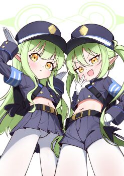 2girls blue_archive blush closed_mouth demon_tail fang gloves green_hair green_halo halo hat hikari_(blue_archive) led_winter midriff multiple_girls navel nozomi_(blue_archive) open_mouth peaked_cap pointy_ears shorts siblings sisters skin_fang skirt smile tail thighhighs twins twintails white_background white_gloves white_thighhighs yellow_eyes