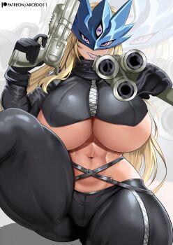 1girl abs aiming aiming_at_viewer arcedo beelstarmon blonde_hair breasts cropped_shirt digimon digimon_(creature) eye_mask finger_on_trigger gun highres holding holding_gun holding_weapon huge_breasts long_hair mask muscular muscular_female navel purple_eyes purple_lips smile smoke smoking_barrel solo solo_focus thick_thighs thighs third_eye trigger_discipline underboob weapon zoom_layer