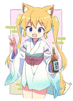 1girl :d animal_ear_fluff animal_ears border bottle commentary_request cropped_legs fang fox_ears fox_girl fox_tail hand_up highres holding holding_bottle japanese_clothes kimono long_hair long_sleeves looking_at_viewer obi open_mouth orange_hair original outline outside_border pink_background purple_eyes red_sash roku_no_hito sake_bottle sash smile solo tail twintails v white_border white_kimono white_outline wide_sleeves