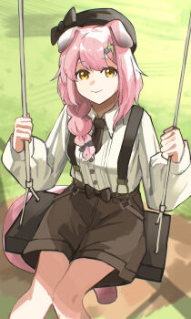 1girl absurdres animal_ears arknights beret black_bow black_hat bow brown_necktie brown_shorts buttons chromatic_aberration closed_mouth commentary cowboy_shot goldenglow_(arknights) hair_bow hat hat_bow highres long_hair long_sleeves necktie pink_hair puffy_long_sleeves puffy_sleeves shirt short_necktie shorts sitting smile solo suspender_shorts suspenders swing white_shirt yagi000 yellow_eyes