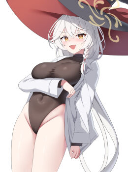 1girl arm_under_breasts black_hat black_leotard blue_archive blush braid braided_sidelock breasts brown_halo commentary_request covered_navel crossed_bangs eri_(blue_archive) hair_between_eyes halo hat heattech_leotard highleg highleg_leotard highres jacket large_breasts leotard long_hair long_sleeves looking_at_viewer open_clothes open_jacket open_mouth simple_background single_braid smile sob_(submar1089) solo thighs tilted_halo turtleneck white_background white_hair white_jacket witch_hat