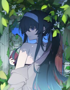 1girl bikini black_bikini black_bra blue_archive bra day flower free_donut hair_between_eyes highres looking_back off_shoulder open_clothes outdoors ruins single_bare_shoulder swimsuit ui_(blue_archive) underwear upper_body