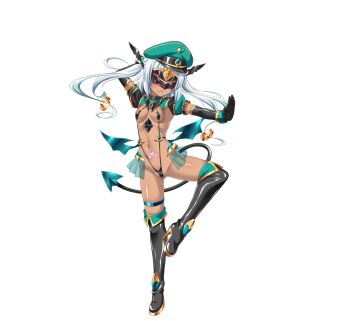 1girl aoi_masami black_gloves blindfold boots breasts covered_erect_nipples dark-skinned_female dark_skin demon_girl demon_tail demon_wings elbow_gloves full_body game_cg gloves hat high_heels highres large_variant_set long_hair military_hat navel nina_wang_rockford non-web_source official_art open_mouth peaked_cap pubic_tattoo revealing_clothes slave_gear_(tsmg_nao!) slave_lapis slave_visor_(tsmg_nao!) slingshot_swimsuit small_breasts solo standing swimsuit tail tattoo thigh_boots thigh_strap thighhighs transparent_background ts_magical_girl_nao twintails variant_set white_hair wings