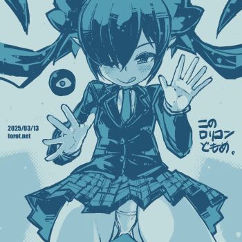 1girl ;q backbeako_(torotei) backbeard blazer blue_background blue_theme blush closed_mouth commentary cowboy_shot dated dated_commentary floating_hair gegege_no_kitarou hair_over_one_eye hair_ribbon hands_up jacket kono_lolicon_domome loli long_hair looking_at_viewer monochrome necktie one_eye_closed original outstretched_hand paid_reward_available panties pantyshot plaid_clothes plaid_skirt pleated_skirt pointy_ears ribbon simple_background skirt smile solo tongue tongue_out torotei translated twintails underwear very_long_hair watermark web_address