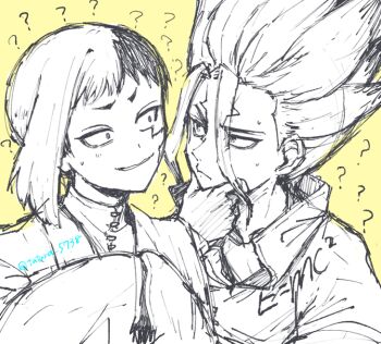 2boys ? ?? asagiri_gen black_hair closed_mouth confused dr._stone facial_mark hair_between_eyes hand_on_another&#039;s_chin hand_on_own_chin ishigami_senkuu jacket long_sleeves looking_at_another male_focus monochrome multicolored_hair multiple_boys short_hair simple_background sketch smile split-color_hair sweat sweatdrop tatara_5738 twitter_username two-tone_hair upper_body yellow_background