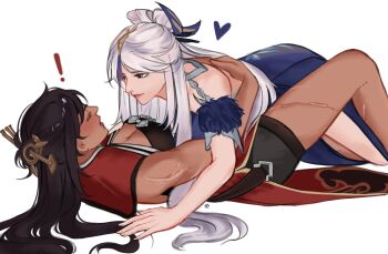 ! 2girls absurdres beidou_(genshin_impact) black_hair blue_dress blush breasts cleavage closed_mouth cokoupi commentary dress english_commentary genshin_impact hair_ornament heart highres large_breasts long_hair multiple_girls ningguang_(genshin_impact) open_mouth red_eyes scar scar_on_leg simple_background smile tassel tassel_hair_ornament white_background white_hair yuri