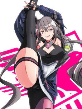 1girl :d armpits azur_lane badge black_gloves black_nails black_thighhighs blue_jacket breasts button_badge cleavage commentary_request covered_navel cowboy_shot double_bun eagle_union_(emblem) fang fingerless_gloves flexible floating_hair gloves grey_hair groin hair_between_eyes hair_bun hair_horns highres holding_leg jacket leg_lift long_hair long_sleeves looking_at_viewer makiri_akira multicolored_hair nail_polish open_mouth partial_commentary partially_unzipped purple_eyes purple_hair san_francisco_(azur_lane) sidelocks single_leg_pantyhose single_thighhigh smile solo split standing standing_on_one_leg standing_split streaked_hair teeth thigh_strap thighhighs twintails upper_teeth_only v very_long_hair white_background