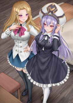 2girls arm_behind_back assault_lily black_ribbon black_shoes black_skirt black_thighhighs blonde_hair blue_skirt blush bow bowtie breasts brown_shoes buttons closed_mouth commentary_request cropped_jacket crossed_bangs fingernails foot_out_of_frame frilled_skirt frills from_above hair_between_eyes hair_ornament hairclip hand_in_own_hair hand_on_own_chest hand_on_own_hip hat hat_tassel herensuge_girls_academy_school_uniform high-waist_skirt highres imai_tomohiro indoors jacket jewelry juliet_sleeves large_breasts leg_ribbon loafers long_bangs long_hair long_sleeves looking_at_another looking_to_the_side low-tied_sidelocks medium_breasts miniskirt multiple_girls multiple_rings pantyhose parted_bangs pink_eyes puffy_sleeves purple_eyes purple_hair red_bow red_bowtie ribbon ring school_uniform shirt shoes side-by-side sidelocks sideways_glance skirt standing stool table takamatsu_shiera takashima_yakumo thighhighs very_long_hair white_hat white_jacket white_pantyhose white_shirt wooden_floor yurigaoka_girls_academy_school_uniform