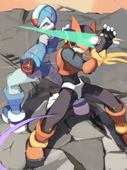 2boys absurdres arm_cannon armor back-to-back black_eyes blonde_hair blue_armor blue_helmet energy_sword full_body green_eyes helmet highres holding holding_sword holding_weapon long_hair male_focus mega_man_(series) mega_man_x_(series) mega_man_zero_(series) multiple_boys omega_(mega_man) omochi_(mochi_skymega) pov red_armor red_helmet standing sword weapon zero(z)_(mega_man) zero_(mega_man)