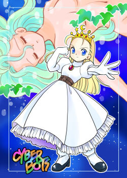 2girls arieta_(cyberbots) belt belt_buckle black_shoes blonde_hair blue_eyes breasts brooch brown_belt buckle closed_eyes closed_mouth commentary_request copyright_name cyberbots devilot_de_deathsatan_ix dress elbow_gloves frilled_dress frills gem gloves green_hair hair_between_eyes hand_up jewelry kisaragi_miyuki leaf leaf_censor long_dress long_hair looking_at_viewer multiple_belts multiple_girls navel nude open_hand outstretched_arm puffy_short_sleeves puffy_sleeves red_gemstone shoes short_sleeves small_breasts smile socks space standing star_(sky) takemoto_izumi_(style) tiara turtleneck turtleneck_dress wavy_hair white_dress white_gloves white_socks