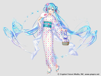 Rule 34 | 1girl, ahoge, aqua eyes, aqua hair, aqua sash, asa no ha (pattern), bag, braid, braided hair rings, bug, butterfly, commentary, copyright notice, double bun, floral print, flower, full body, gari (apollonica), grey background, hair bun, hair flower, hair ornament, hair rings, hand fan, hatsune miku, highres, holding, holding bag, holding fan, insect, japanese clothes, kimono, kinchaku, lips, long hair, obi, official alternate costume, official art, open mouth, paper fan, pouch, puddle, sakuramon, sandals, sash, shippou (pattern), smile, solo, standing, tassel, tassel hair ornament, teeth, twintails, uchiwa, upper teeth only, uroko (pattern), very long hair, vocaloid, white kimono, yagasuri, yukata, zouri