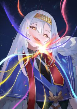 Rule 34 | 1girl, absurdres, artmage finmel, artmage non finito, black shirt, brown eyes, collared shirt, commentary, commission, duel monster, hair between eyes, hairband, hand up, highres, long sleeves, looking at viewer, nbee ya, open mouth, shirt, solo, sparkling eyes, teeth, upper body, upper teeth only, white hair, yellow hairband, yu-gi-oh!