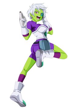 1girl absurdres armor artist_request ass belt bodysuit bodysuit_under_armor breastplate breasts cheelai colored_skin dragon_ball dragon_ball_super full_body gloves green_skin gun highres holding holding_gun holding_weapon jumping large_breasts looking_at_viewer looking_back medium_breasts open_mouth pink_eyes purple_bodysuit scouter short_hair smile solo weapon white_footwear white_gloves white_hair