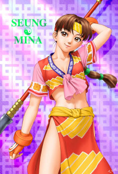 Rule 34 | 1990s (style), 1girl, arm at side, arm behind back, arm up, breasts, brown eyes, brown hair, cleavage, closed mouth, clothing request, commentary request, contrapposto, cowboy shot, crop top, curtained hair, fingerless gloves, gloves, hair ornament, head tilt, headband, holding, holding behind back, holding polearm, holding weapon, holding weapon behind back, long hair, looking at viewer, low ponytail, medium breasts, midriff, multicolored shirt, navel, orange gloves, parted bangs, patterned background, pelvic curtain, pink ribbon, polearm, ponytail, purple background, red trim, retro artstyle, ribbon, seong mi-na, short sleeves, side slit, smile, solo, soul edge, sphere hair ornament, standing, teiku (take), weapon, yellow headband, yin yang