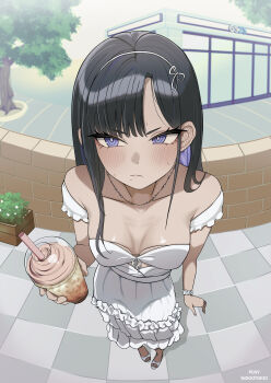 1girl absurdres black_hair blue_eyes blue_hair blush breasts brick_wall building closed_mouth cup day disposable_cup dokkitokki dress drinking_straw eunhwa_(nikke) eunhwa_(tactical_upgrade)_(day_off)_(nikke) goddess_of_victory:_nikke highres holding holding_cup official_alternate_costume official_alternate_hairstyle outdoors small_breasts solo sweat tree white_dress