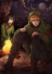 Rule 34 | 2boys, absurdres, bare shoulders, black hair, blonde hair, blue eyes, boots, brown footwear, brown pants, campfire, chinese clothes, closed mouth, cloud, cloudy sky, commentary, commission, english commentary, fire, green jacket, highres, husk57, jacket, jaune arc, lie ren, long hair, long sleeves, male focus, medibang paint (medium), moon, multiple boys, night, night sky, outdoors, pants, pink eyes, rwby, sitting, sky