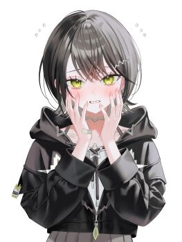 1girl absurdres amo_0ma bandaid bandaid_on_hand black_hair black_jacket blush choker collarbone colored_inner_hair commentary cropped_jacket crossed_bangs dot_nose double-parted_bangs drawstring embarrassed fingernails flying_sweatdrops green_eyes grey_hair grey_skirt hair_ornament hands_on_own_cheeks hands_on_own_face hands_up highres hood hood_down hooded_jacket jacket layered_sleeves long_sleeves looking_at_viewer loose_hair_strand mekpark mole mole_under_eye multicolored_hair open_mouth peanut_mouth pleated_skirt raised_inner_eyebrows reimei_mira shirt short_hair short_over_long_sleeves short_sleeves sidelocks silver_choker simple_background skirt solo spaghetti_strap star_(symbol) tied_drawstring untranslatable_commentary upper_body virtual_youtuber white_background white_shirt zipper zipper_pull_tab