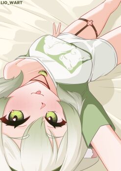 1girl animal_ears animal_print breasts commentary english_commentary ferret_ears ferret_girl food food-themed_necklace fruit gradient_hair green_eyes green_hair green_shirt hairband highres indie_virtual_youtuber laimu_(cozy)_(vtuber) laimu_(vtuber) legs lime_(fruit) lime_slice lio_wart looking_up medium_breasts multicolored_hair naked_shirt oversized_clothes oversized_shirt selfie shirt short_hair t-shirt thigh_strap thighs tongue tongue_out v virtual_youtuber white_shirt