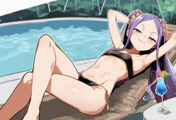 1girl armpit_focus armpits bare_shoulders bikini bikini_bottom_only black_tube_top blush breasts drink fate/grand_order fate_(series) gurugurukaijyuu long_hair looking_at_viewer navel pool purple_eyes purple_hair small_breasts smile solo strapless swimsuit thighs tropical_drink tube_top twintails water wu_zetian_(fate)