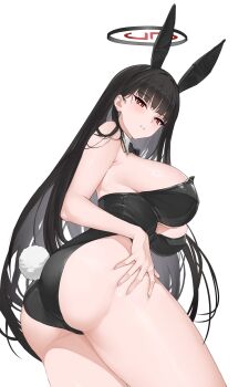1girl alternate_costume animal_ears armpit_crease ass bare_arms bare_legs bare_shoulders black_bow black_bowtie black_hair black_halo black_leotard blue_archive blush bow bowtie breasts bright_pupils commentary_request fake_animal_ears fake_tail fingernails from_behind hair_over_shoulder halo hand_on_own_hip highres isokaze12 large_breasts leotard long_hair looking_at_viewer multicolored_halo parted_lips playboy_bunny rabbit_ears rabbit_tail red_eyes ringed_eyes rio_(blue_archive) simple_background solo strapless strapless_leotard tail thighs traditional_bowtie two-tone_halo very_long_hair white_background white_pupils