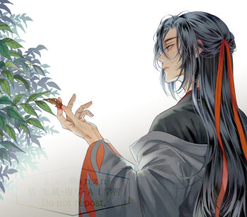 Rule 34 | 1boy, bishounen, black hair, black hanfu, chinese clothes, coat, commentary request, grey coat, grey eyes, hair down, hair ribbon, half updo, hanfu, holding, holding leaf, leaf, long hair, long sleeves, looking to the side, male focus, modao zushi, off shoulder, official alternate costume, official alternate hairstyle, parted lips, plant, profile, red ribbon, ribbon, robe, s n z n, sidelocks, solo, twitter username, upper body, watermark, wei wuxian, wei wuxian (yiling laozu), white background, wide sleeves