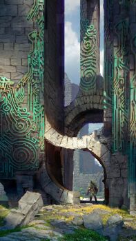 1boy arch boots cloud concept_art dappled_sunlight day from_behind grass hat highres holding holding_weapon link nintendo outdoors pablo_carpio pants path pillar road rock ruins scenery shield sky solo standing stone_wall sunlight sword the_legend_of_zelda tunic very_wide_shot weapon