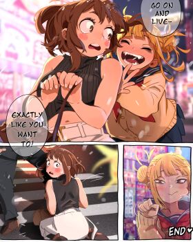 1boy 2girls aged_up alternate_costume bare_arms bare_shoulders belt black_jacket blonde_hair blunt_bangs blush blush_stickers boku_no_hero_academia breasts brown_eyes bush cheek_bulge comic crosswalk double_bun english_text fellatio_gesture formal_clothes ghost hair_bun highres jacket khyle. kneeling large_breasts messy_hair midoriya_izuku multiple_girls navel open_mouth outdoors pantyhose perversion_of_canon pushing smile speech_bubble spoilers stomach surprised teeth toga_himiko upper_teeth_only uraraka_ochako white_belt yellow_eyes