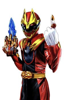 1boy 4ze_meteor armor black_bodysuit bodysuit commentary_request cowboy_shot gozyuwolf helmet male_focus no.1_sentai_gozyuger red_armor red_bodysuit red_helmet sentai_ring simple_background solo super_sentai tega_sword tokusatsu white_background