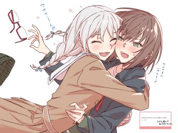 Rule 34 | 2girls, ^ ^, absurdres, bang dream!, bang dream! girls band party!, beanie, black jacket, blue ribbon, blush, braid, brown dress, brown hair, closed eyes, commentary, dress, glasses, green eyes, green hat, green sweater, hair ribbon, hanasakigawa school uniform, hat, highres, hug, jacket, kanade (kanade 3344), long hair, long sleeves, marshmallow (site), multiple girls, neck ribbon, open mouth, pleated dress, red-framed eyewear, red ribbon, request inset, ribbon, sailor collar, sailor dress, school uniform, semi-rimless eyewear, shirt, short hair, simple background, sweatdrop, sweater, translation request, twin braids, under-rim eyewear, unworn eyewear, unworn hat, unworn headwear, wakamiya eve, white background, white hair, white sailor collar, white shirt, yamato maya, yuri