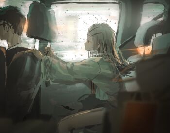 1boy 1girl absurdres bag black_hair blonde_hair blurry blurry_foreground camisole car_interior child colored_eyelashes commentary_request earrings flipped_hair gakuen_idolmaster glass hair_ornament hairclip highres idolmaster jewelry leaning_forward long_hair long_sleeves motion_blur orange_eyes parallel_hairclips profile puffy_cheeks rain shinosawa_hiro shirt short_shorts shorts sitting skinny solo_focus stud_earrings utsusemi_1024 water_drop white_camisole white_shirt window