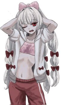 1girl fujiwara_no_mokou highres navel pants red_eyes ribbon ribs strapless tagme touhou tube_top watage_milktea