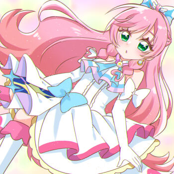 Rule 34 | 1girl, :o, absurdres, artist name, ascot, blue bow, boots, bow, braid, brooch, center frills, commentary, crown braid, cure prism, dress, dress bow, dutch angle, earrings, elbow gloves, english commentary, frills, glove bow, gloves, green eyes, hair bow, highres, himawarin5ame0, hirogaru sky! precure, jewelry, knee boots, layered dress, long hair, looking at viewer, magical girl, medium dress, mixed-language commentary, nijigaoka mashiro, open mouth, pink hair, precure, side braids, signature, sleeveless, sleeveless dress, solo, standing, textless version, very long hair, white ascot, white boots, white bow, white dress, white gloves, wing brooch