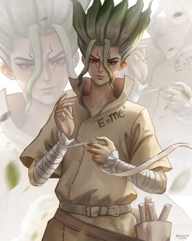 1boy arm_wrap artist_name bandaged_arm bandaged_hand bandages belt brysukun closed_mouth cracked_skin dr._stone e=mc2_(equation) facial_mark gradient_hair green_hair hair_between_eyes highres ishigami_senkuu leaf lips looking_at_viewer male_focus multicolored_hair realistic red_eyes simple_background solo spiked_hair thick_lips tool_belt tools twitter_username two-tone_hair white_belt wrist_wrap zoom_layer