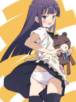 1girl :o akayama_yukihe apron ass black_ribbon black_skirt blunt_bangs blunt_ends blush bow breasts clothes_lift cowboy_shot embarrassed fang flat_ass frilled_apron frills from_behind highres holding holding_stuffed_toy hugging_object loli long_hair looking_at_viewer looking_back miniskirt neck_ribbon open_mouth panties pantyshot purple_eyes purple_hair ribbon shirt short_sleeves sidelocks skin_fang skindentation skirt skirt_lift small_breasts solo split_mouth stuffed_animal stuffed_toy teddy_bear thighhighs thighs translation_request underwear upskirt waitress white_panties white_shirt wind wind_lift working!! yamada_aoi