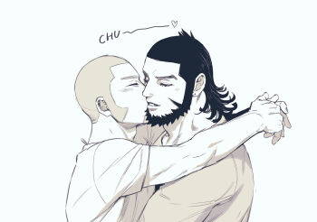 Rule 34 | 2boys, beard, blush, commentary request, eyelashes, facial hair, foxvulpine, golden kamuy, greyscale, hug, kiroranke, kiss, long sideburns, male focus, mature male, monochrome, multiple boys, shiraishi yoshitake, short hair, short sleeves, sideburns, sound effects, yaoi
